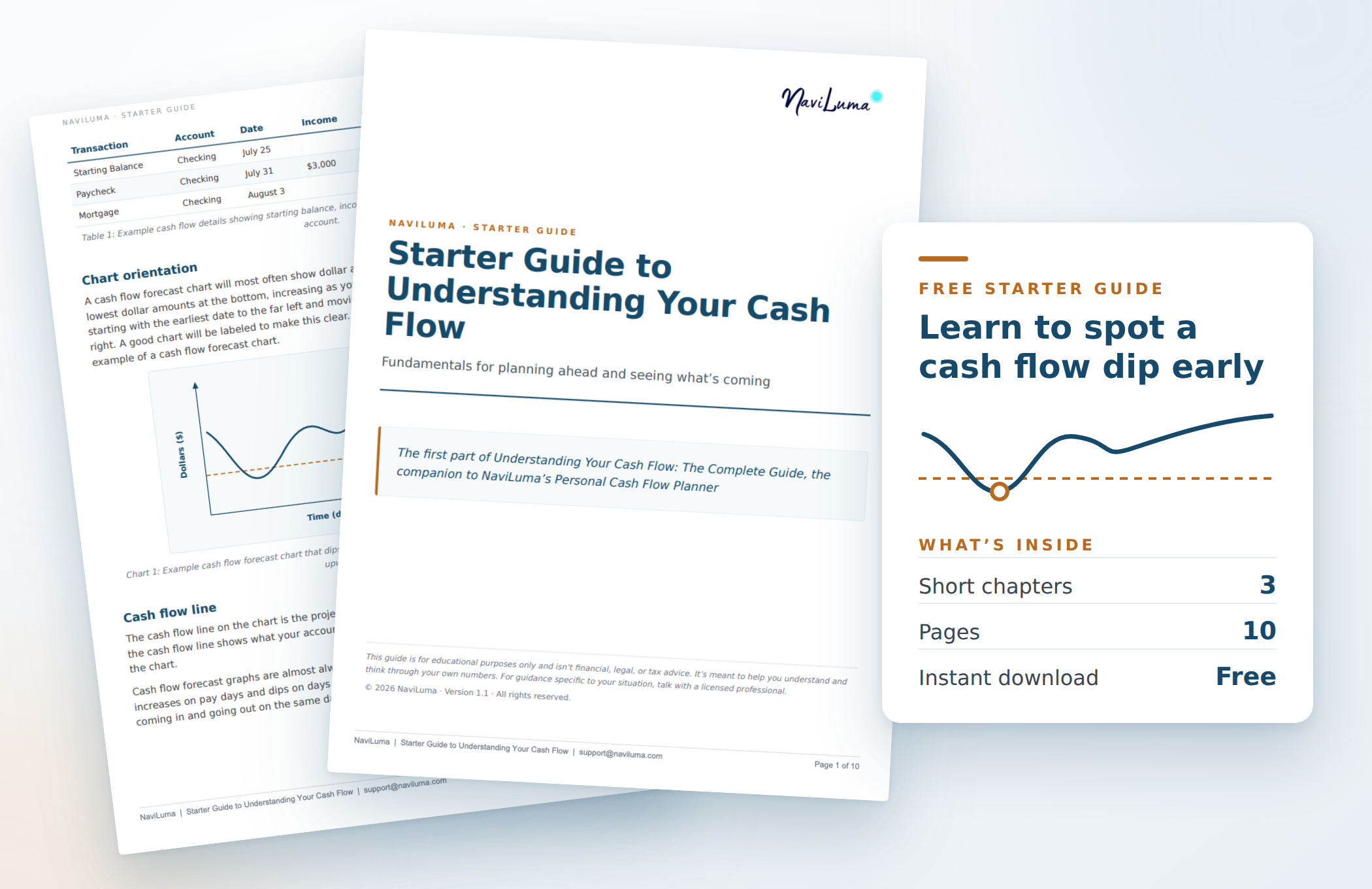 Preview of the Starter Guide to Understanding Your Cash Flow, with sample pages and a cash flow chart